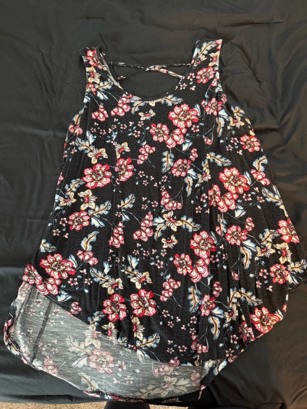 Pink Rose Black Floral Crisscross Tank Top with Red & Cream Flowers